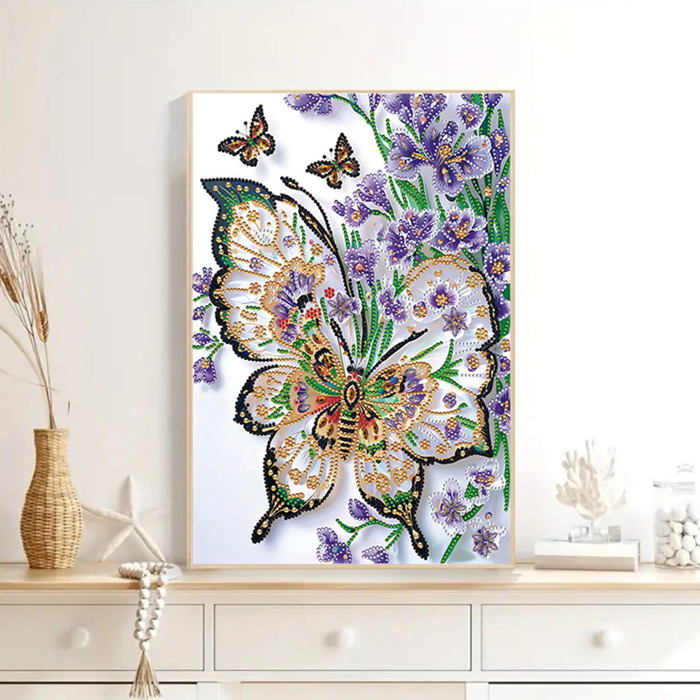 Purple Flowers And Butterflies - Partial Special-Shaped Drill Diamond Painting 30*40CM