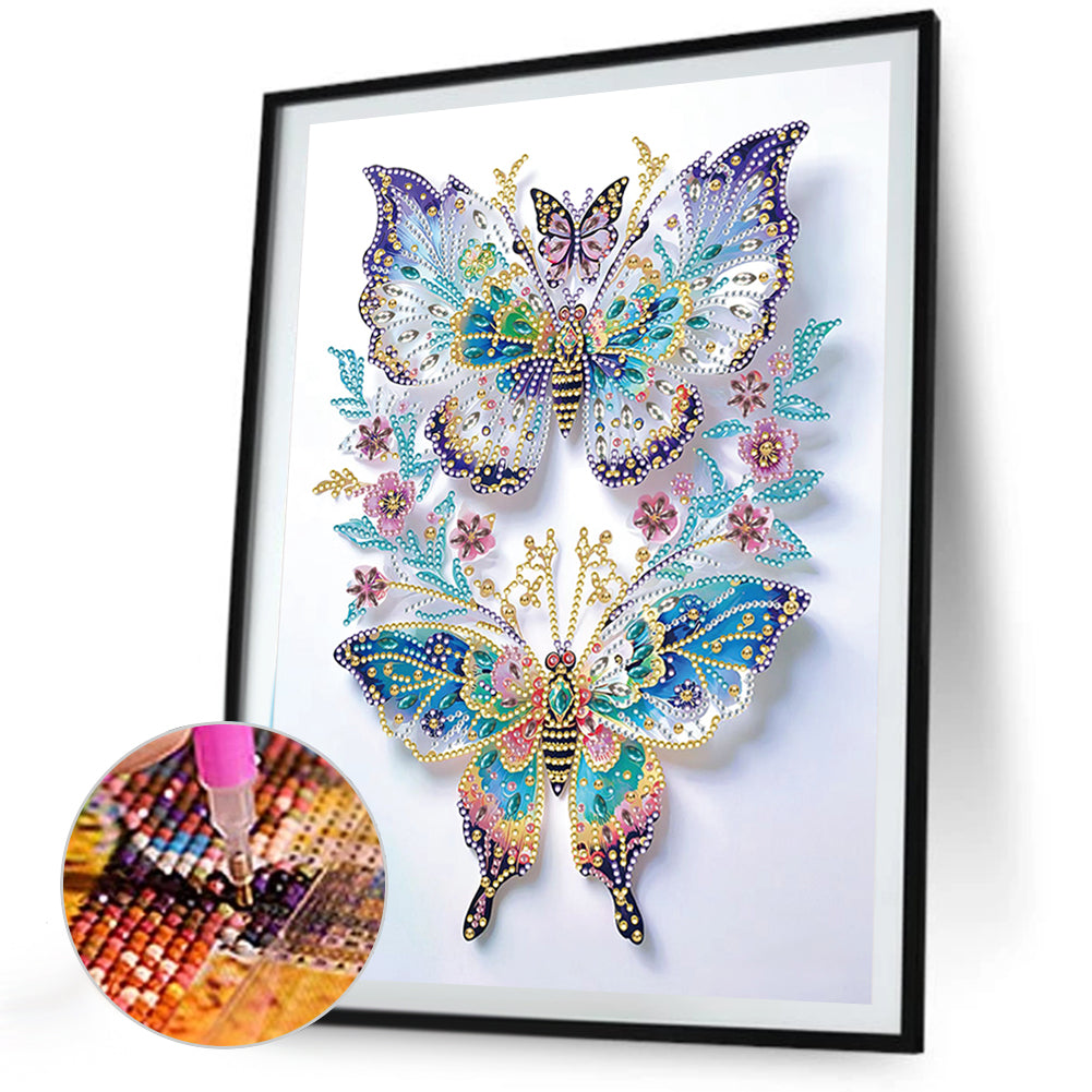 Pink Flowers And Double Butterflies - Partial Special-Shaped Drill Diamond Painting 30*40CM