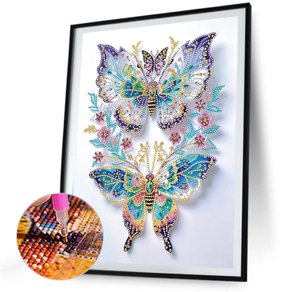 Pink Flowers And Double Butterflies - Partial Special-Shaped Drill Diamond Painting 30*40CM