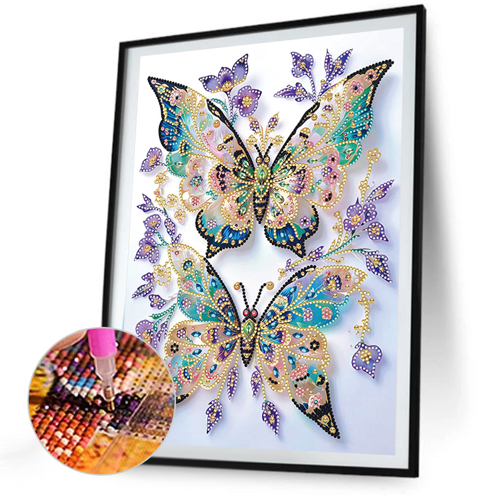 Purple Flowers And Double Butterflies - Partial Special-Shaped Drill Diamond Painting 30*40CM