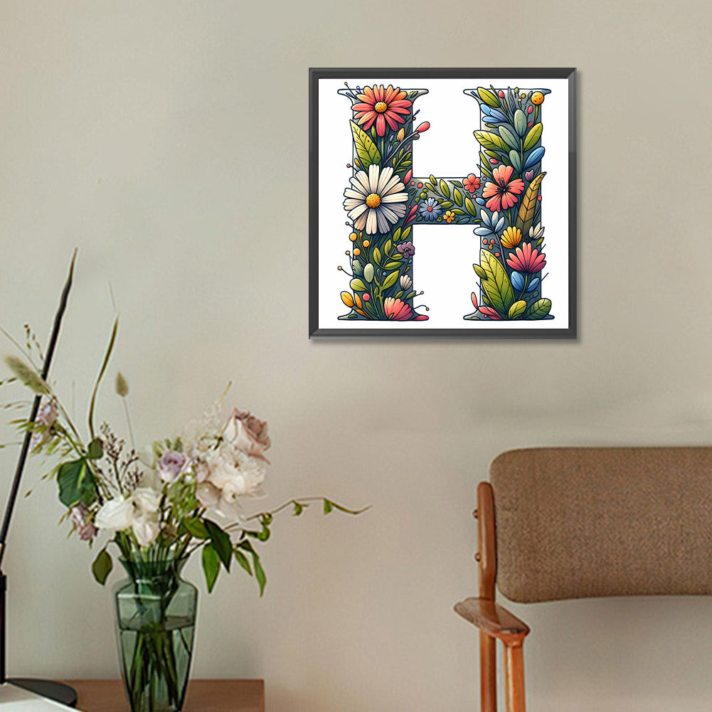 Flower Letter H - Full Round Drill Diamond Painting 30*30CM