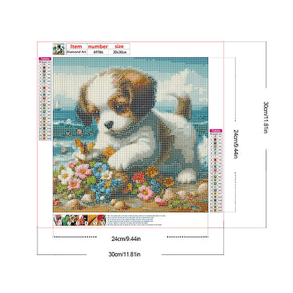 Flowers And Puppy On The Beach - Full Round Drill Diamond Painting 30*30CM