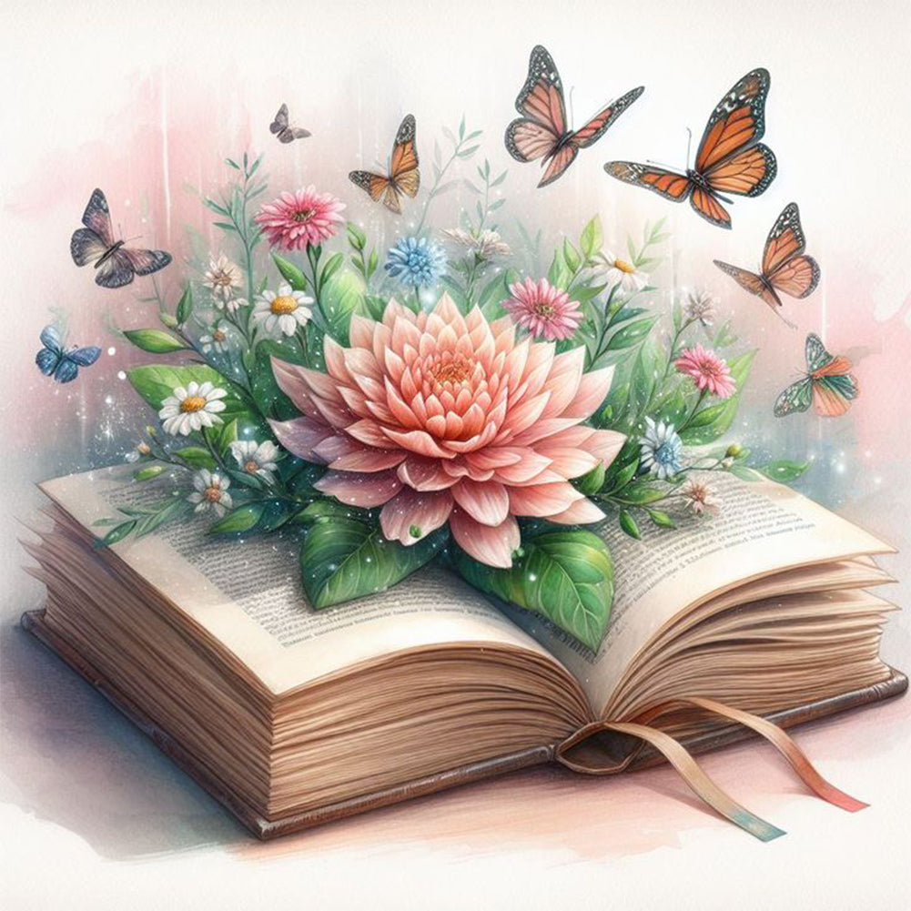 Flowers And Butterflies In The Book - Full Round Drill Diamond Painting 40*40CM