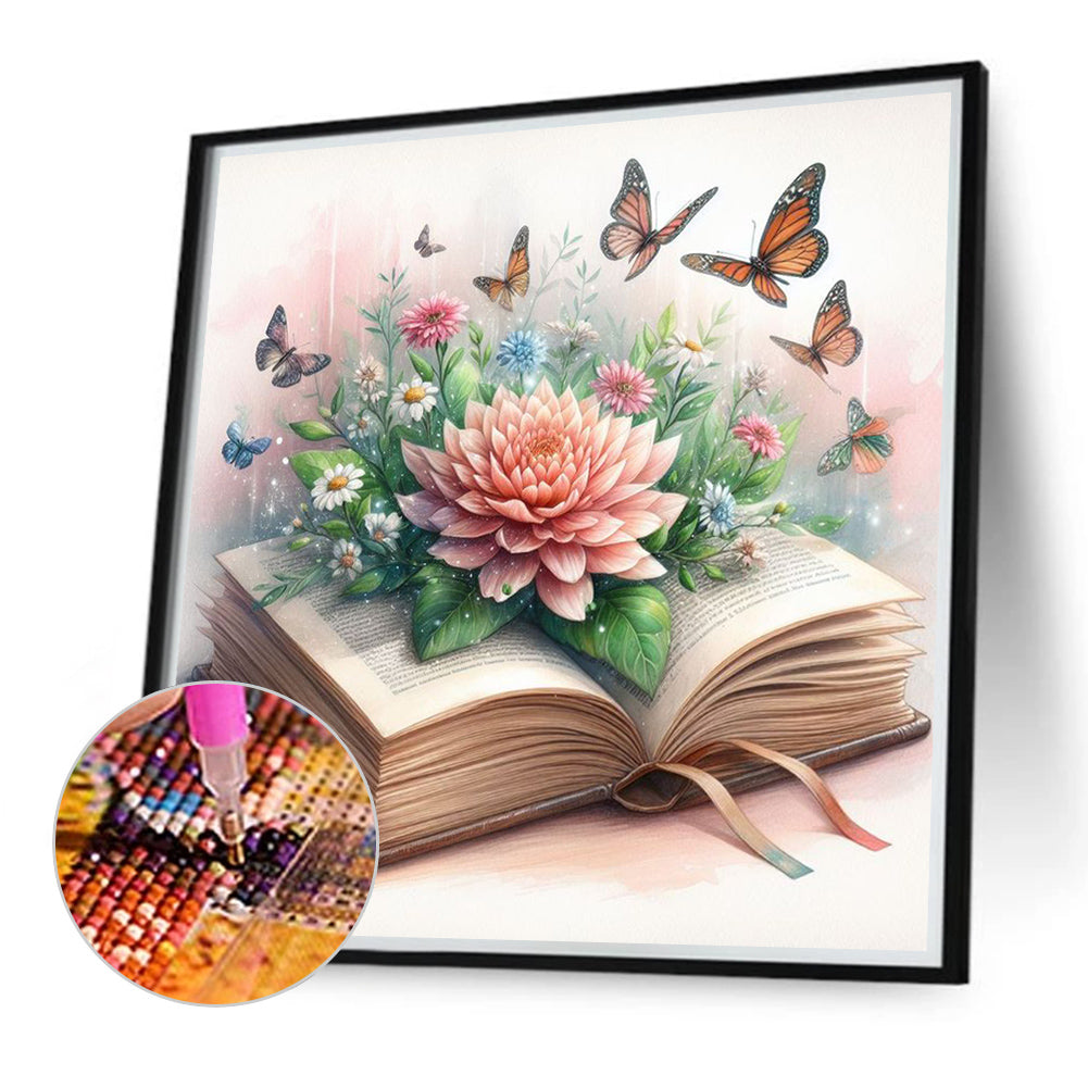 Flowers And Butterflies In The Book - Full Round Drill Diamond Painting 40*40CM