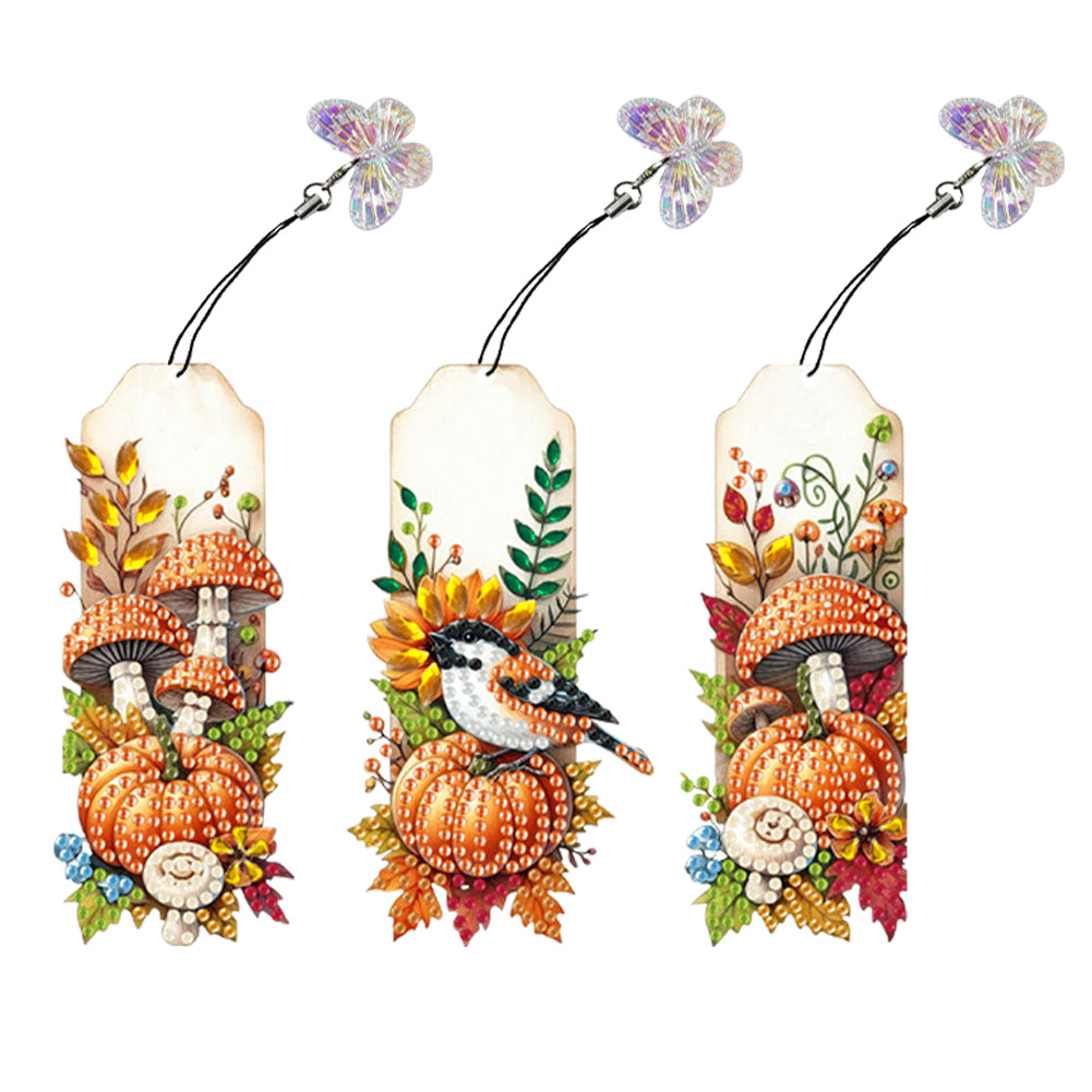 3Pcs Special Shape Mushroom Pumpkin Bird Diamond Painting Bookmark with Pendant