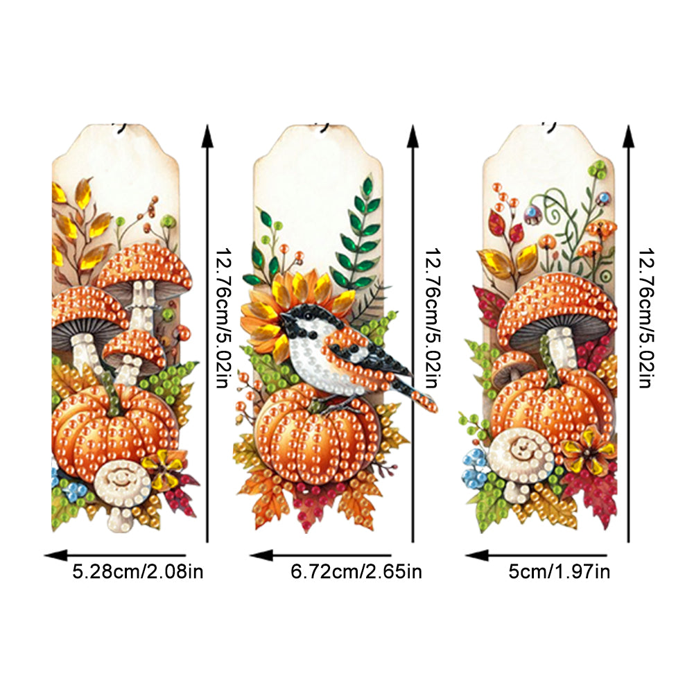 3Pcs Special Shape Mushroom Pumpkin Bird Diamond Painting Bookmark with Pendant