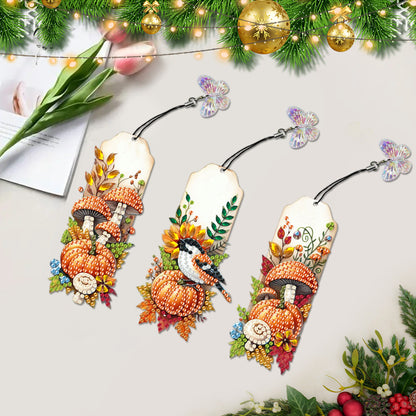 3Pcs Special Shape Mushroom Pumpkin Bird Diamond Painting Bookmark with Pendant