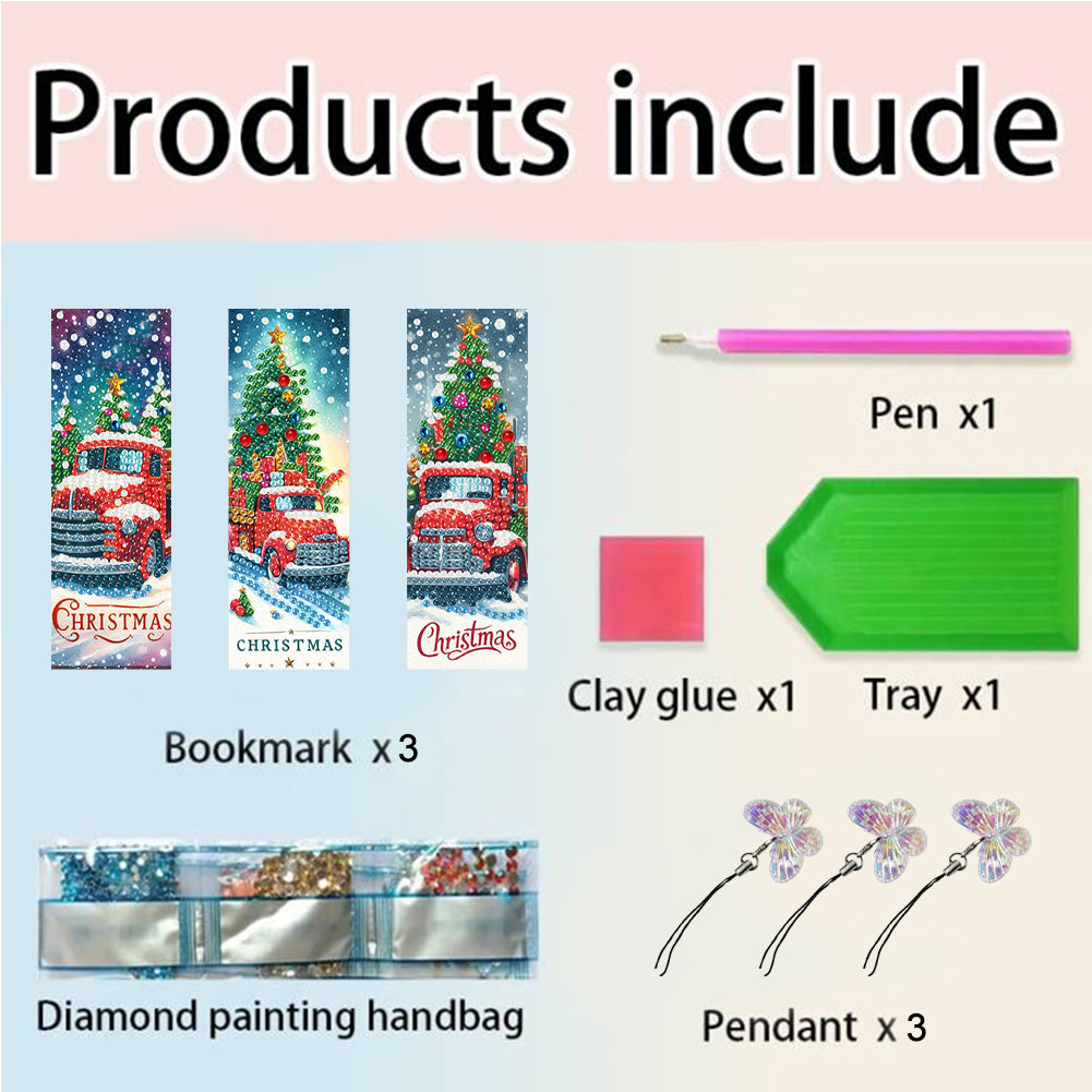 3Pcs Special Shape Christmas Tree Truck Diamond Painting Bookmark with Pendant