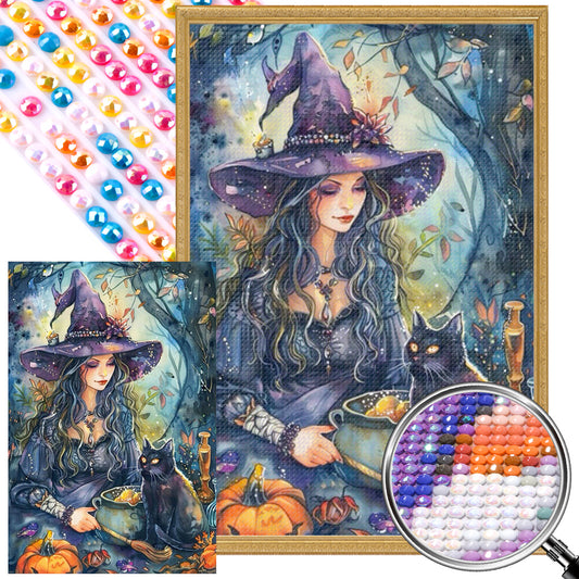 Witch And Black Cat - Full AB Round Drill Diamond Painting 40*60CM