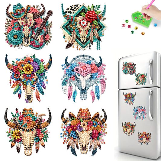 6Pcs Acrylic Cow Skull Diamond Painting Art Fridge Magnet for Adults Beginners