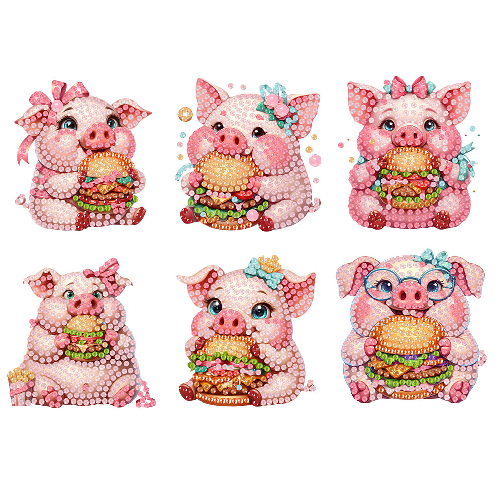 6Pcs Acrylic Hamburger Pig Diamond Painting Art Fridge Magnet for Adults