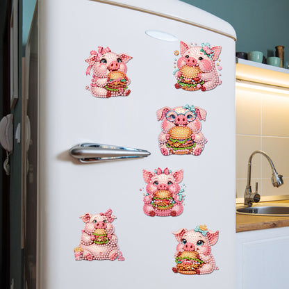 6Pcs Acrylic Hamburger Pig Diamond Painting Art Fridge Magnet for Adults