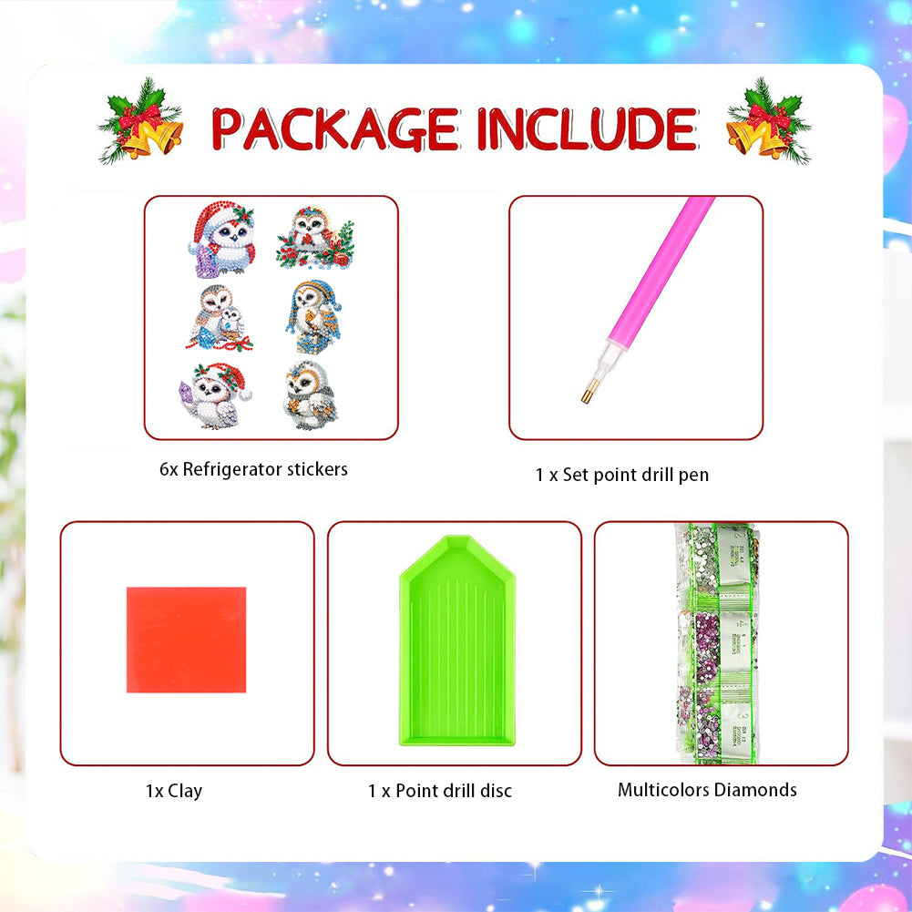 6Pcs Acrylic Christmas Owl Diamond Painting Art Fridge Magnet for Adults