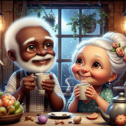 Grandpa And Grandma Drinking Hot Drinks - Full Round Drill Diamond Painting 40*40CM