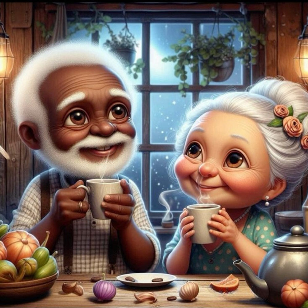 Grandpa And Grandma Drinking Hot Drinks - Full Round Drill Diamond Painting 40*40CM