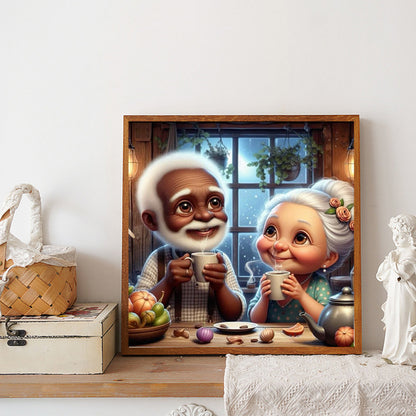 Grandpa And Grandma Drinking Hot Drinks - Full Round Drill Diamond Painting 40*40CM