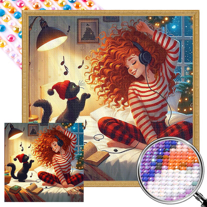 Girl And Black Cat - Full AB Round Drill Diamond Painting 40*40CM