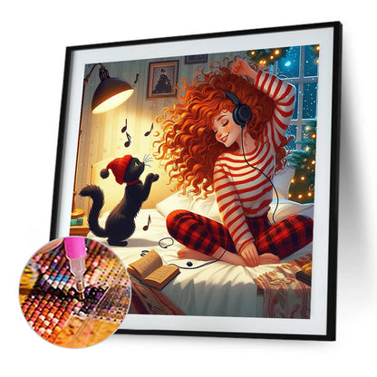 Girl And Black Cat - Full AB Round Drill Diamond Painting 40*40CM