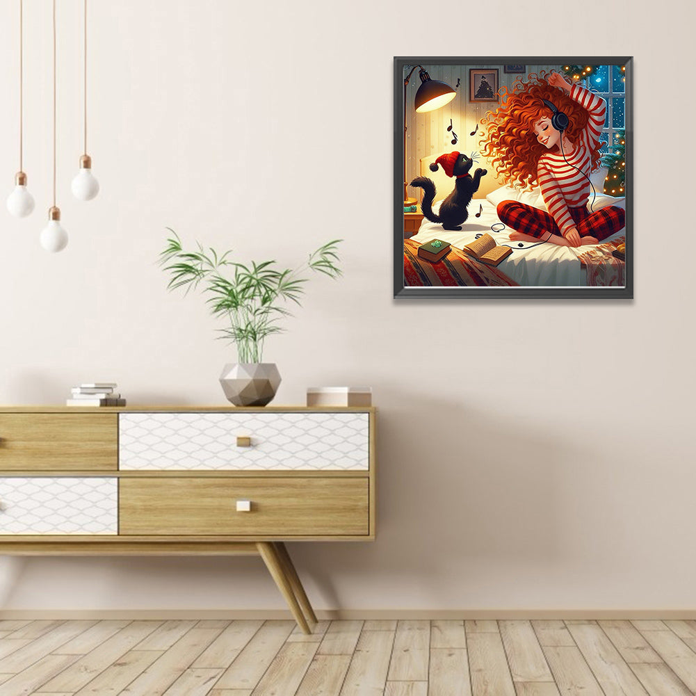 Girl And Black Cat - Full AB Round Drill Diamond Painting 40*40CM