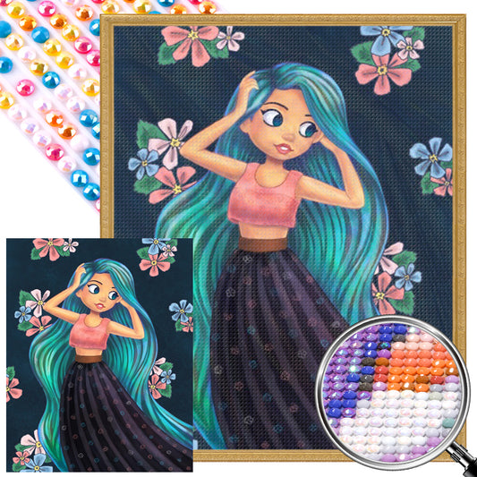 Blue-Green Hair Girl - Full AB Round Drill Diamond Painting 40*50CM