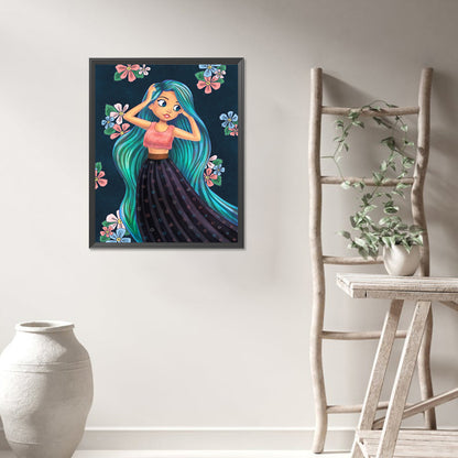 Blue-Green Hair Girl - Full AB Round Drill Diamond Painting 40*50CM