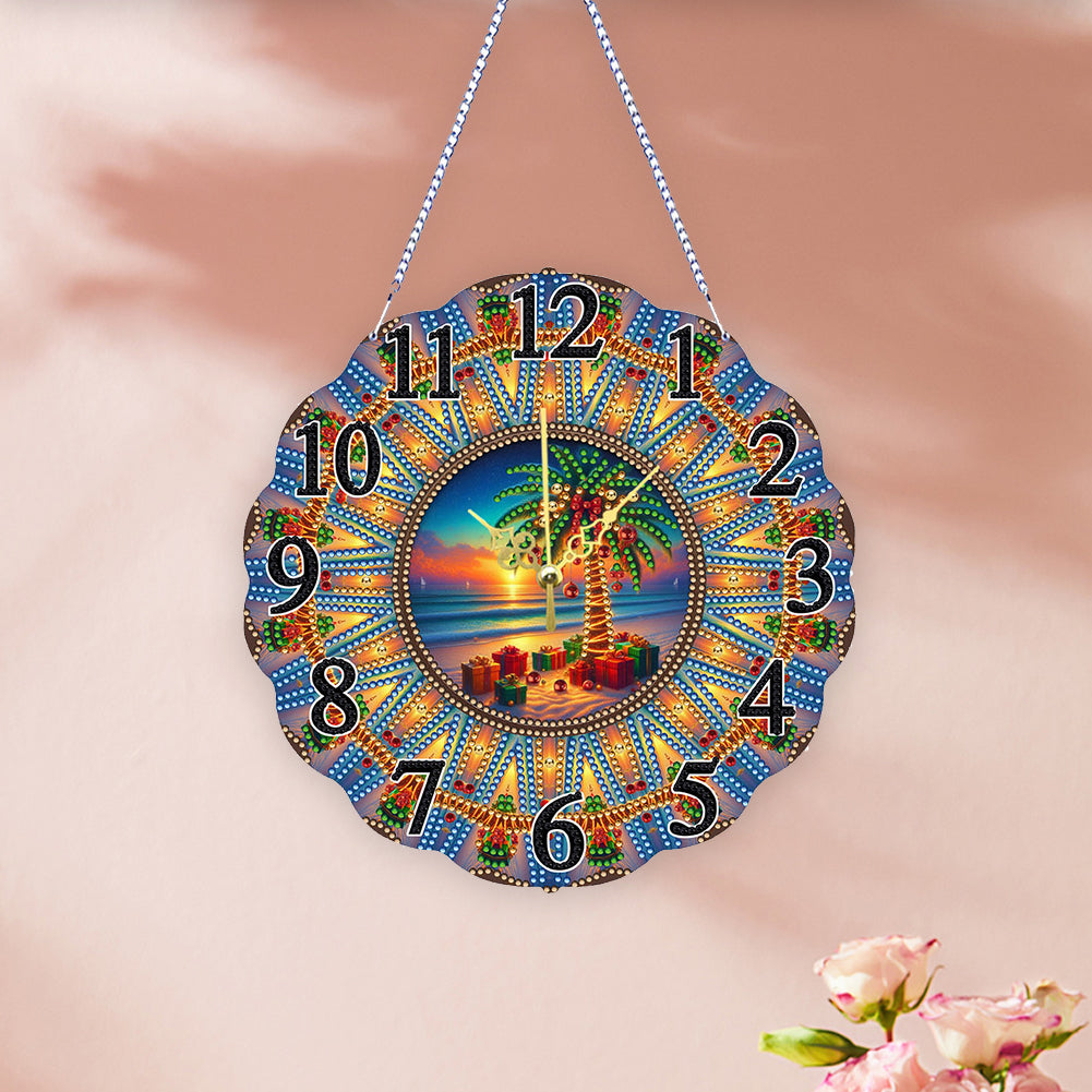 Special Shape Beach Coconut Tree DIY Diamond Painting Hanging Clock for Home Dec