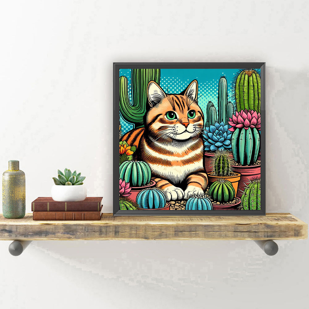 Cactus Cat - Full Round Drill Diamond Painting 40*40CM