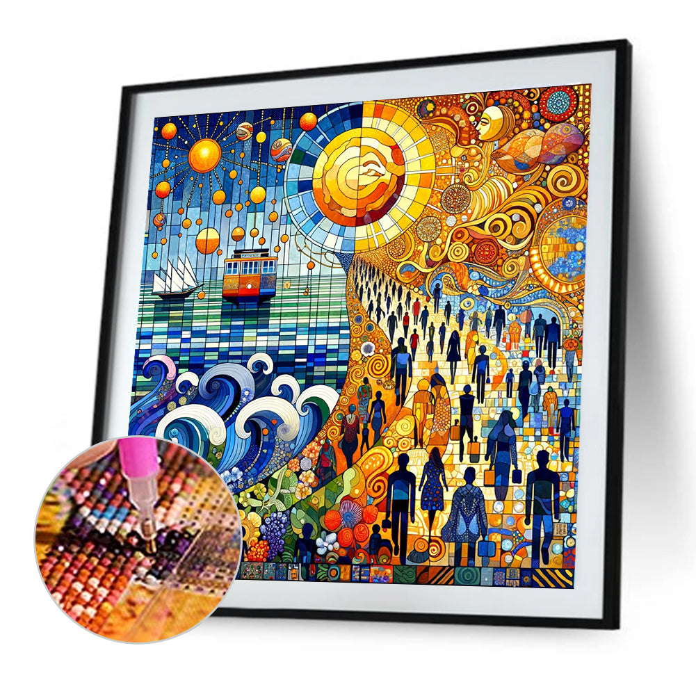 Sea And Land Boat Crowd - Full Round Drill Diamond Painting 40*40CM