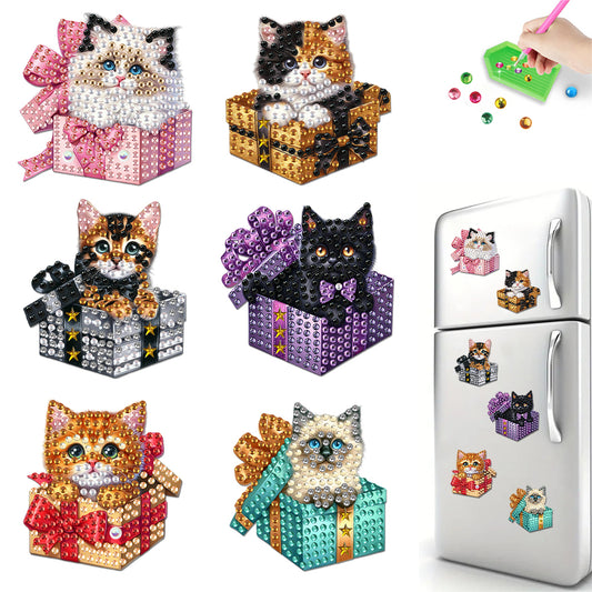 6Pcs Acrylic Gift Box Cat Diamond Art Fridge Magnet for Car Mailbox Decor