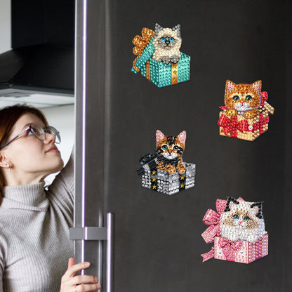 6Pcs Acrylic Gift Box Cat Diamond Art Fridge Magnet for Car Mailbox Decor