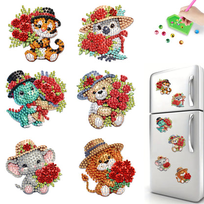 6Pcs Acrylic Animal And Red Rose Diamond Art Fridge Magnet for Car Mailbox Decor