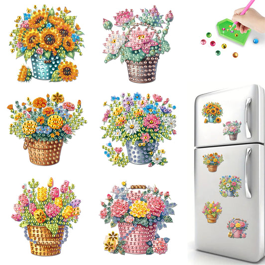 6Pcs Acrylic Flower Bucket Diamond Art Fridge Magnet for Car Mailbox Decor