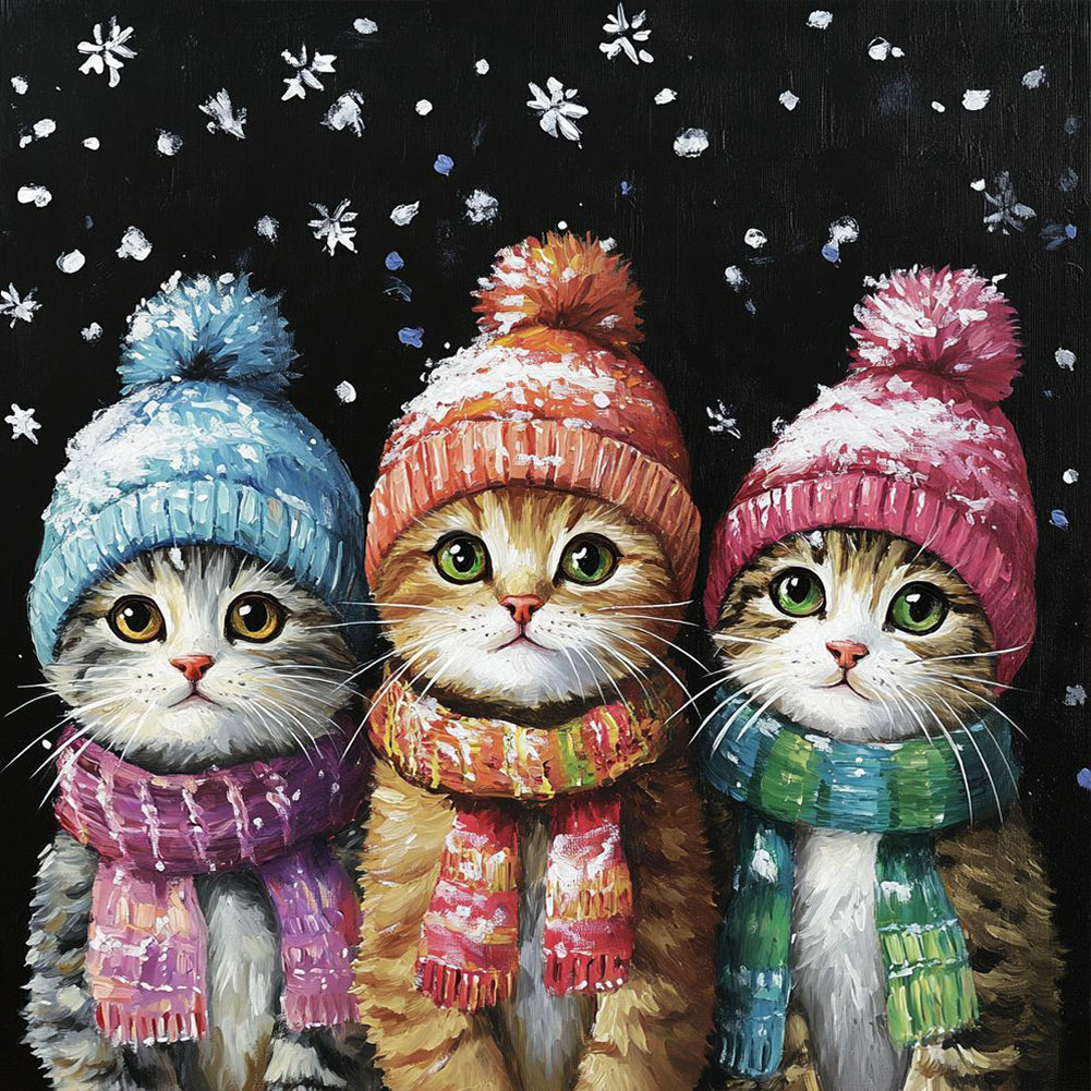 Three Cats In Winter - Full Round Drill Diamond Painting 30*30CM