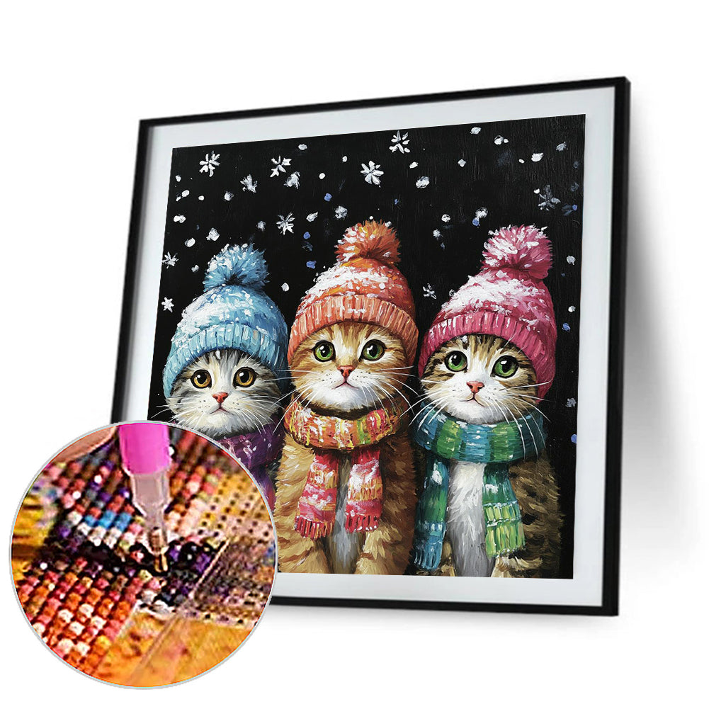 Three Cats In Winter - Full Round Drill Diamond Painting 30*30CM