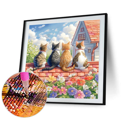 House Four Cats Background - Full Round Drill Diamond Painting 30*30CM