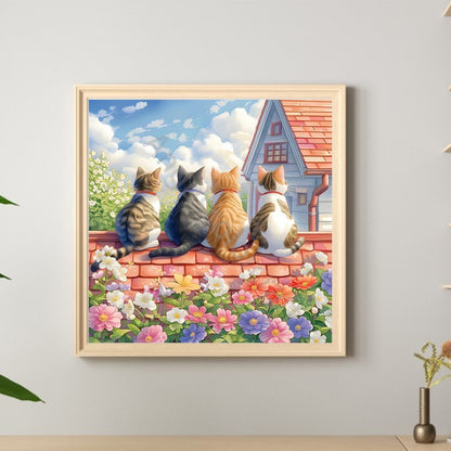 House Four Cats Background - Full Round Drill Diamond Painting 30*30CM