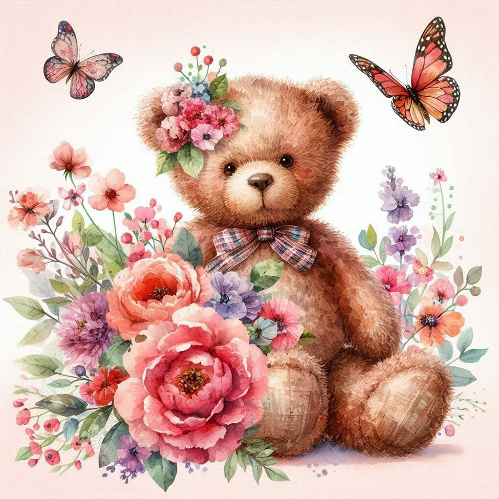 Butterfly Flower Bear - Full Round Drill Diamond Painting 30*30CM