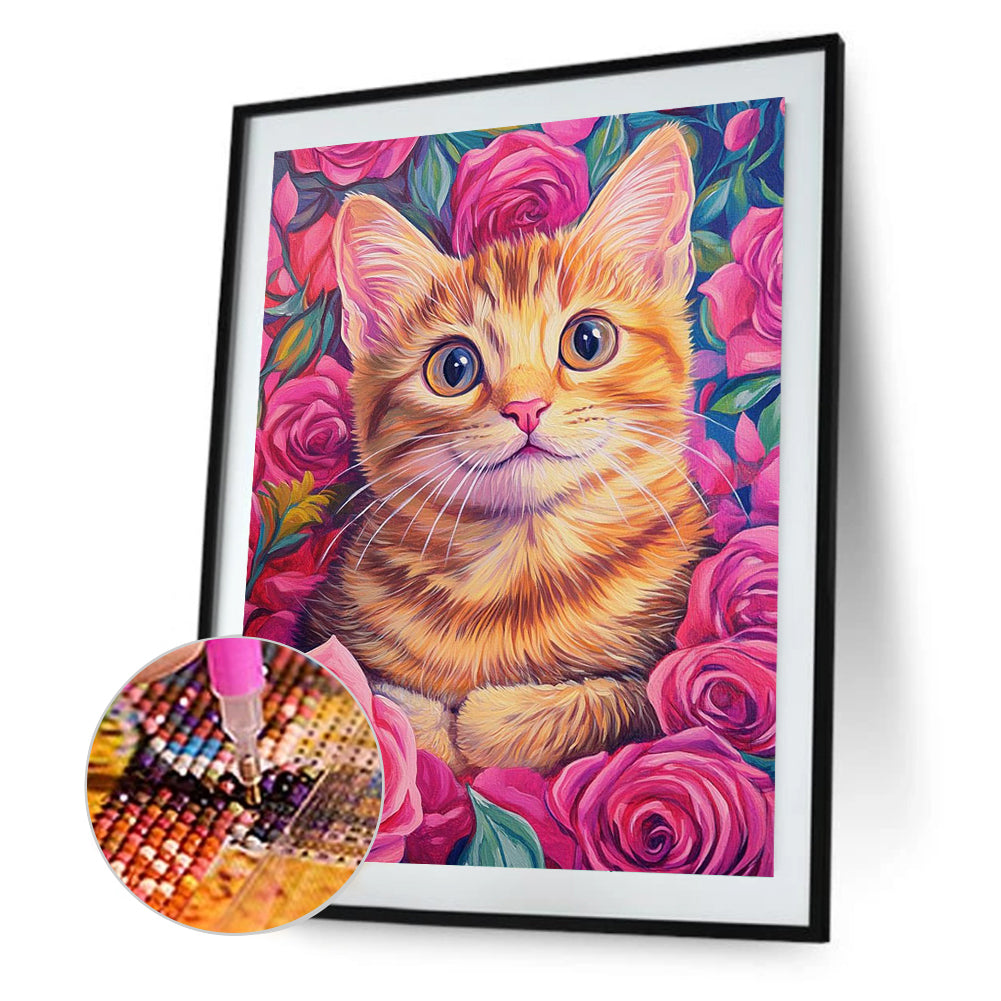 Rose Orange Cat - Full Round Drill Diamond Painting 30*40CM