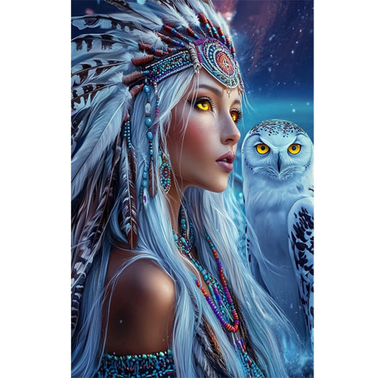 Indian Woman White Owl - Full Round Drill Diamond Painting 40*60CM