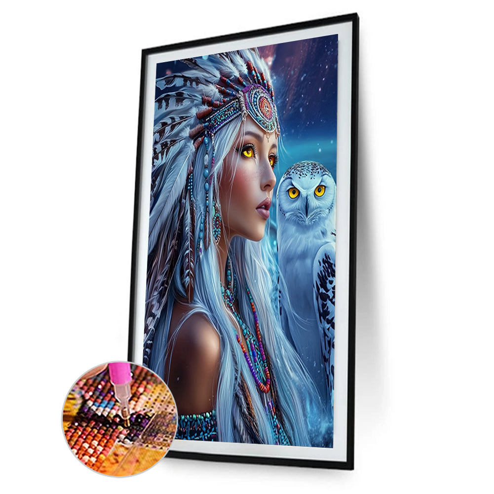 Indian Woman White Owl - Full Round Drill Diamond Painting 40*60CM