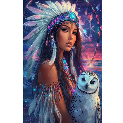 Indian Woman White Owl - Full Round Drill Diamond Painting 40*60CM