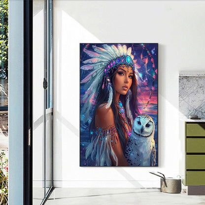 Indian Woman White Owl - Full Round Drill Diamond Painting 40*60CM