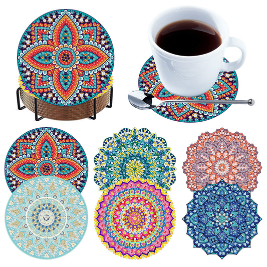 6Pcs Wooden Mandala Diamond Painting Coasters with Holder for Adults Beginners