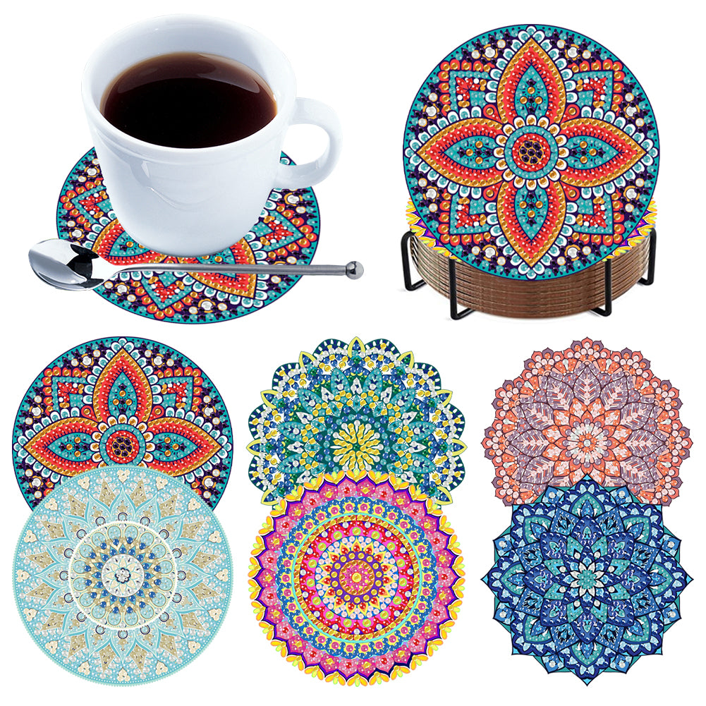 6Pcs Wooden Mandala Diamond Painting Coasters with Holder for Adults Beginners