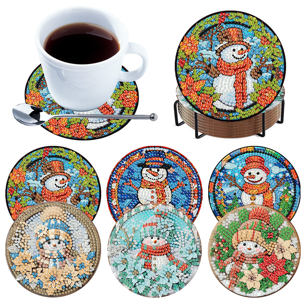 6Pcs Wooden Snowman Diamond Painting Coasters with Holder for Adults Beginners