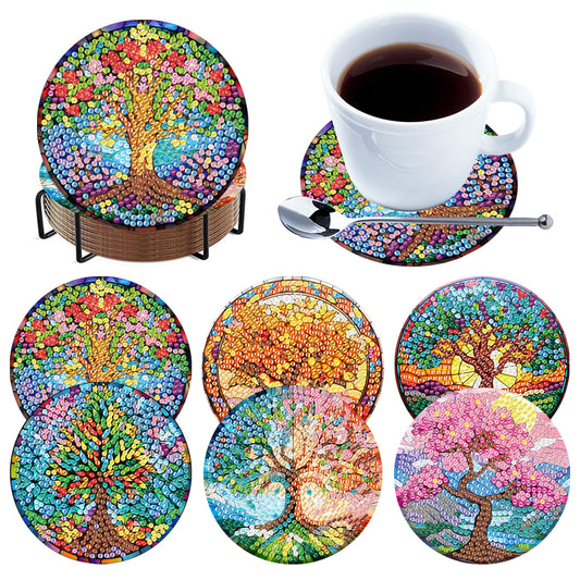 6Pcs Wooden Tree Of Life Diamond Painting Coasters for Adults Beginners