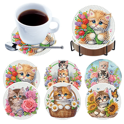 6Pcs Wooden Flowers and Cats Diamond Painting Coasters for Adults Beginners