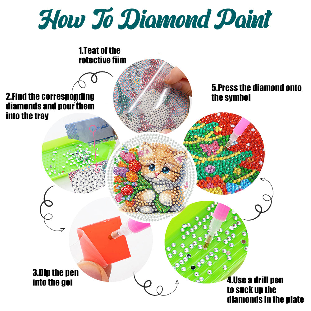 6Pcs Wooden Flowers and Cats Diamond Painting Coasters for Adults Beginners