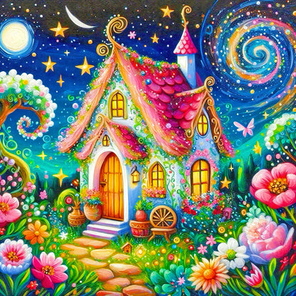 House And Flowers Under The Starry Sky - Full Round Drill Diamond Painting 55*55CM