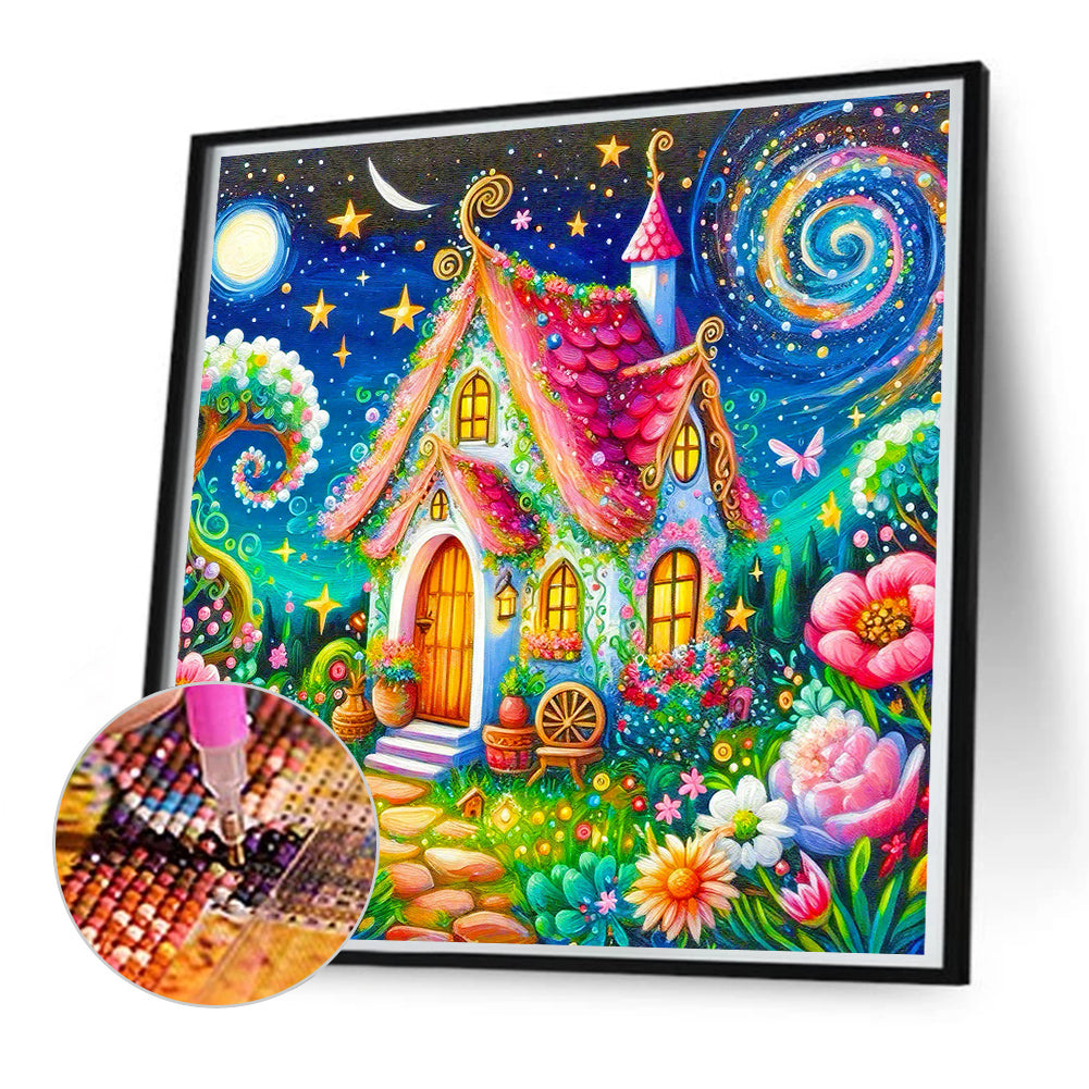 House And Flowers Under The Starry Sky - Full Round Drill Diamond Painting 55*55CM